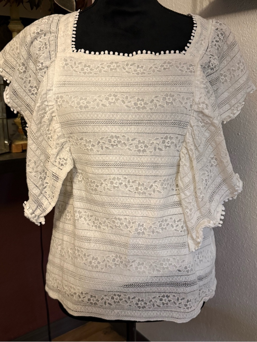 Mustard Seed Eyelet Lace Ruffle Blouse Square Neck Boho Top •Size Small•
